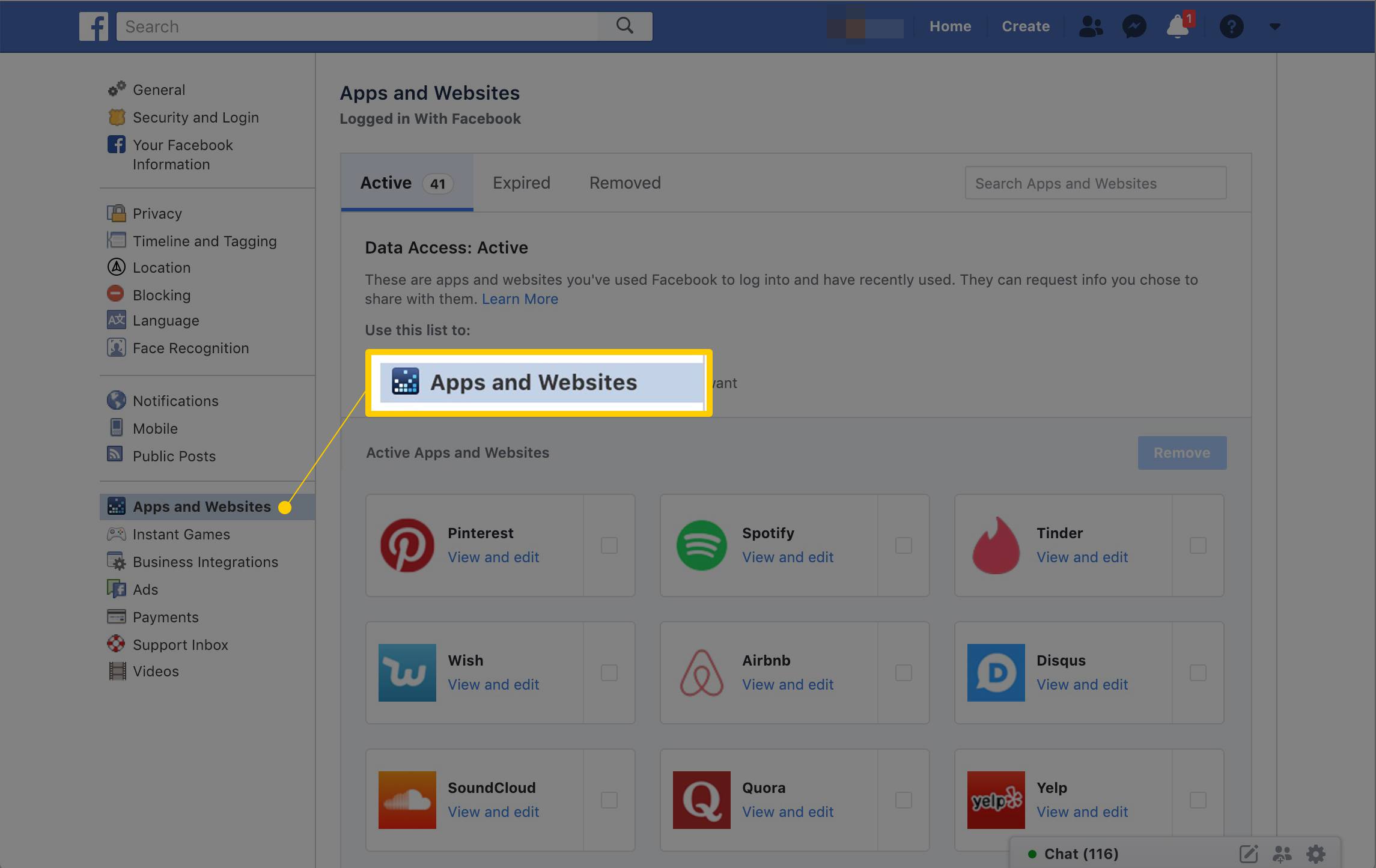 Karta Aplikace a webové stránky v Nastavení Facebooku