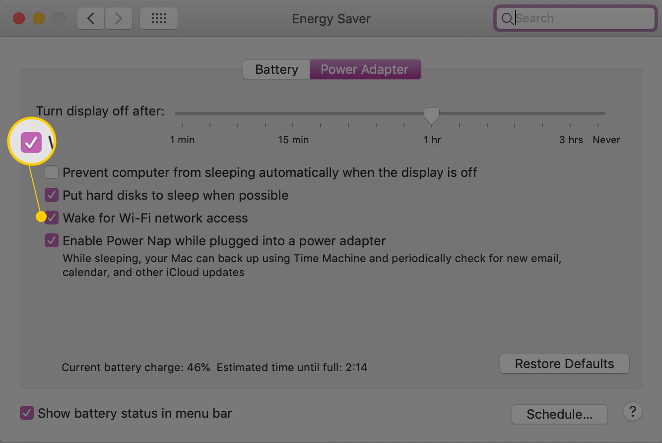 Probuďte se pro přístup k síti Wi-Fi v podokně předvoleb systému macOS Energy Saver