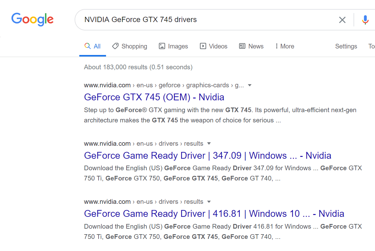 Výsledky vyhledávání Google pro ovladače NVIDIA GeForce