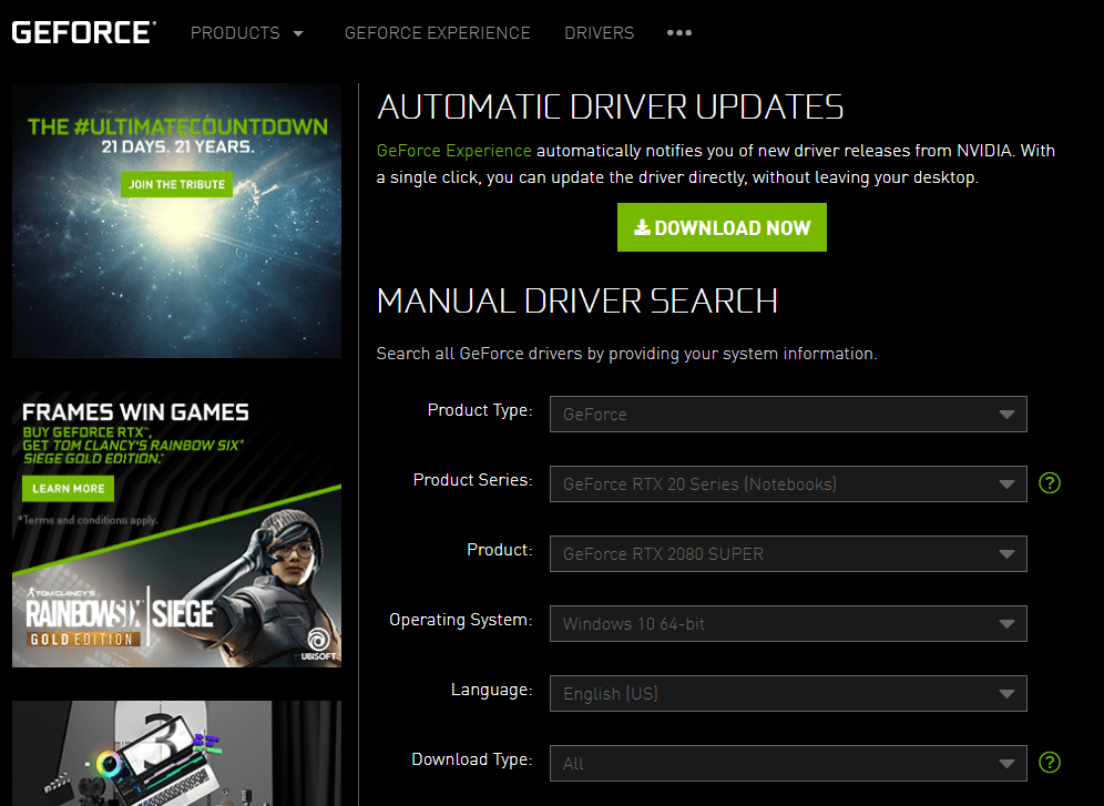 Stránka pro vyhledávání ovladačů NVIDIA GeForce