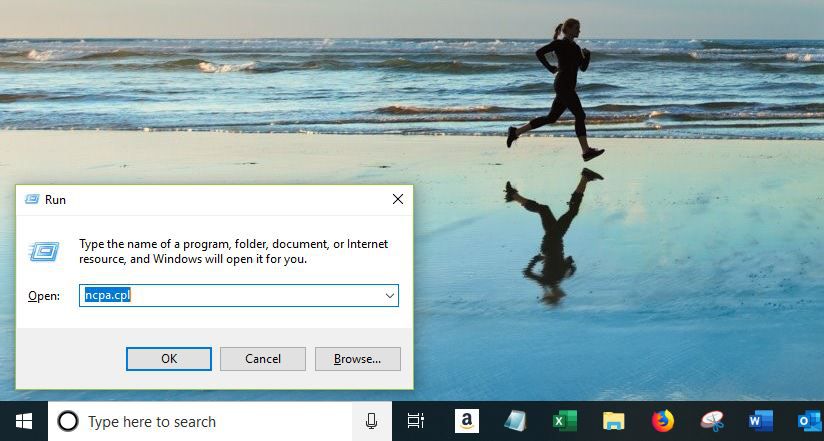 Screenshot z dialogového okna Spustit pomocí příkazu ncpa.cpl