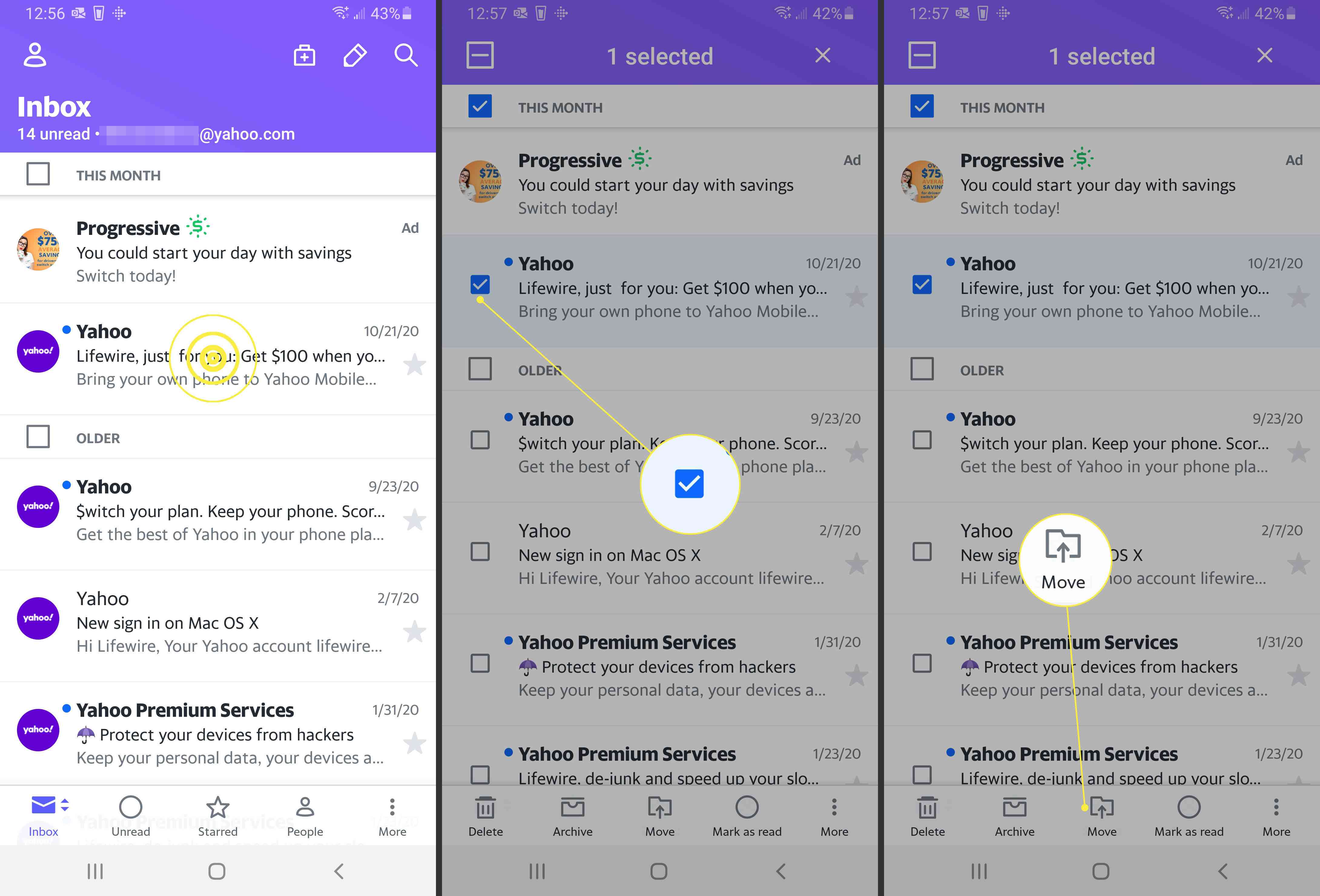 Výběr zprávy pro přesun do Yahoo Mail.