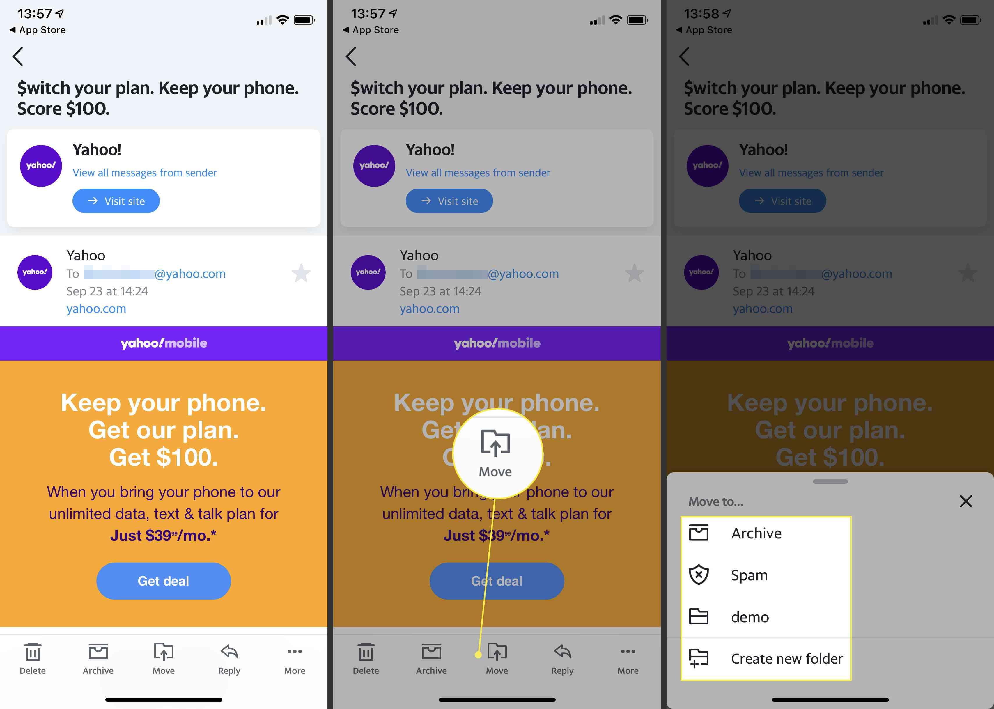 Přesunutí jednoho e-mailu na Yahoo Mail pro iOS.