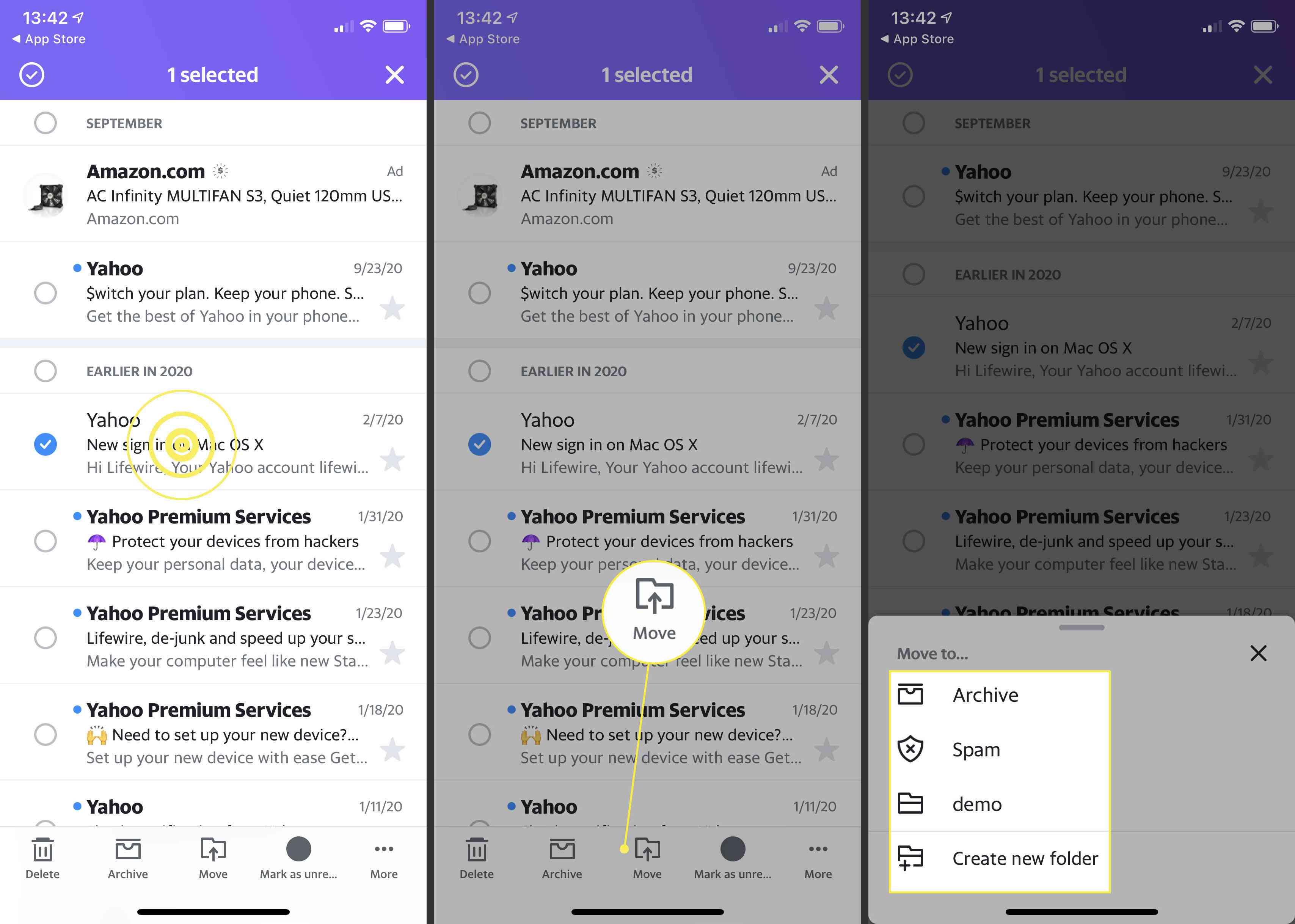 Přesouvání více zpráv na Yahoo Mail pro iOS.