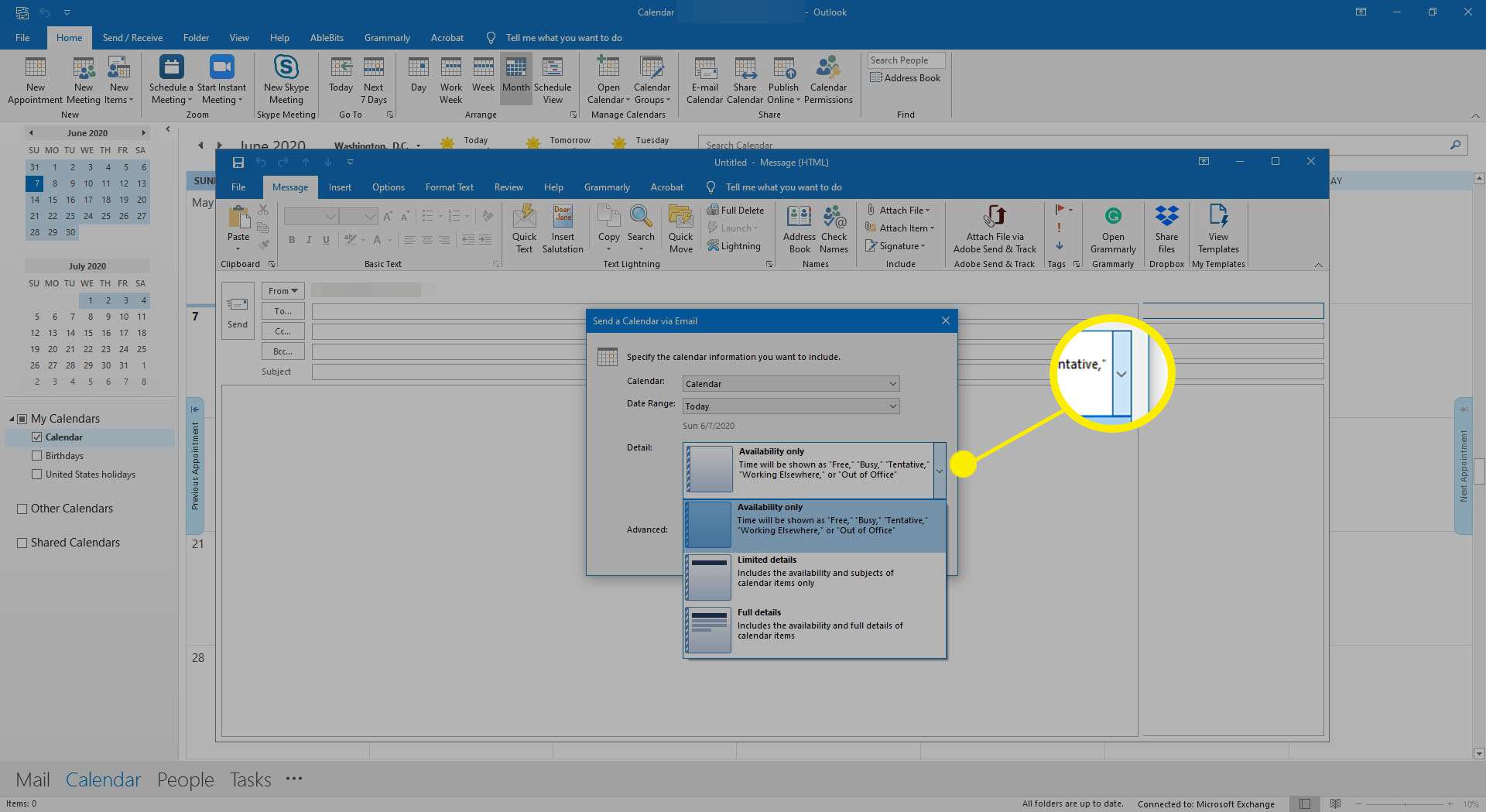 Výběr možností, kolik podrobností chcete sdílet v kalendáři aplikace Outlook.