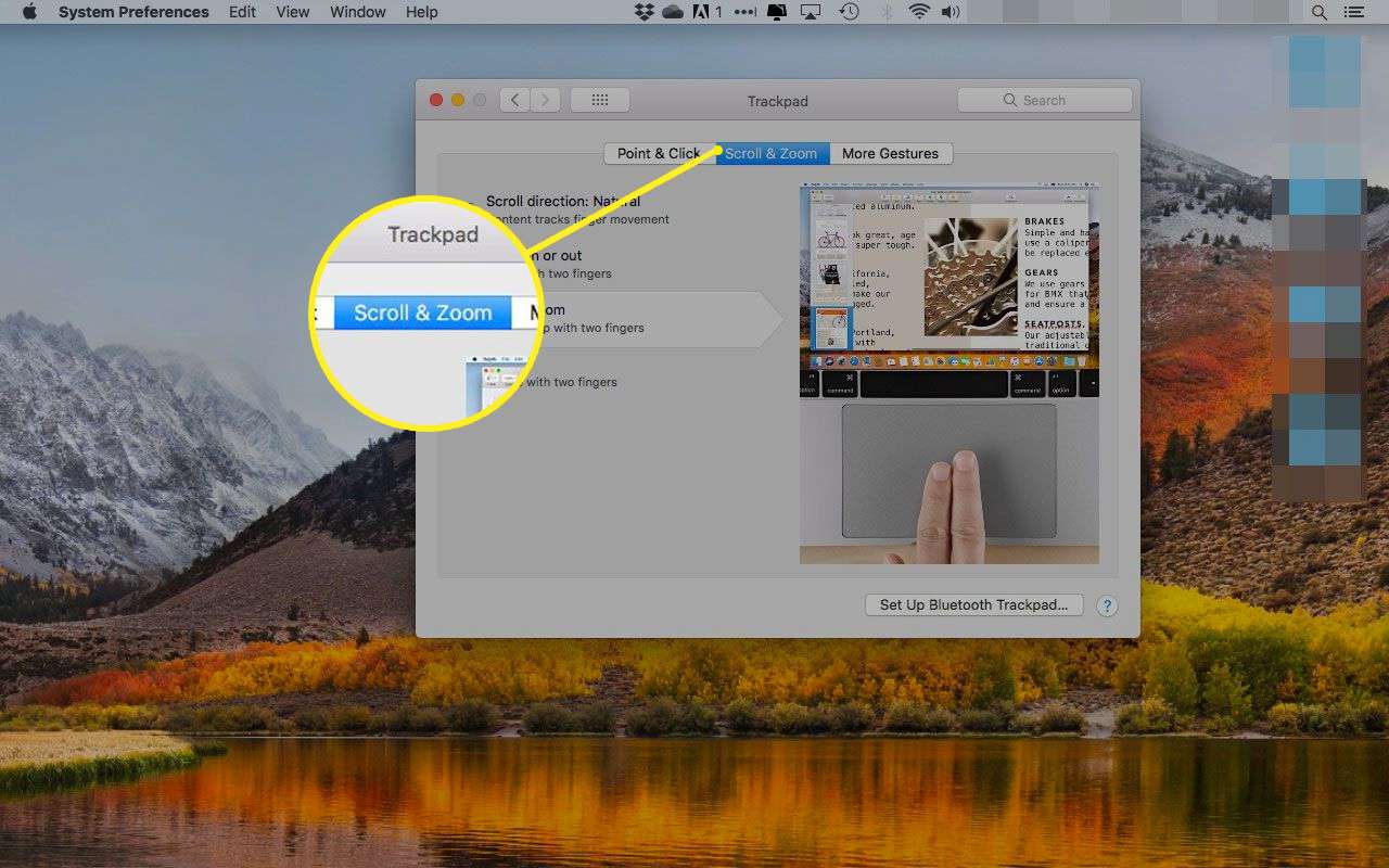 Předvolby trackpadu v systému macOS se zvýrazněnou kartou Scroll & Zoom