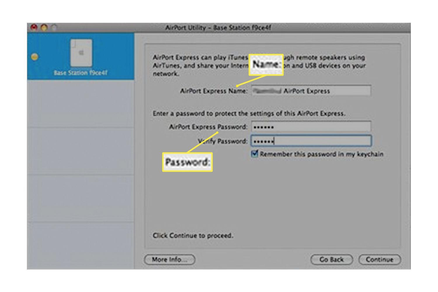 Obrazovka nastavení pro Airport Express v AirPort Utility