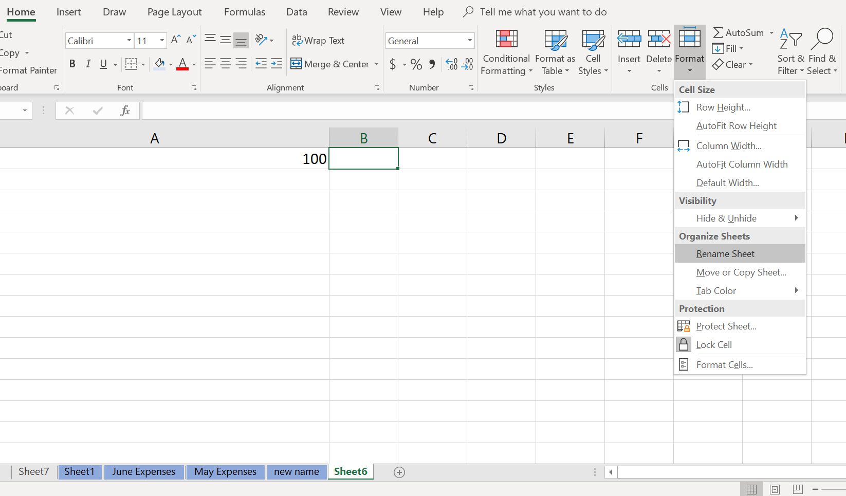 Nabídka Excel, kde uživatelé mohou list přejmenovat