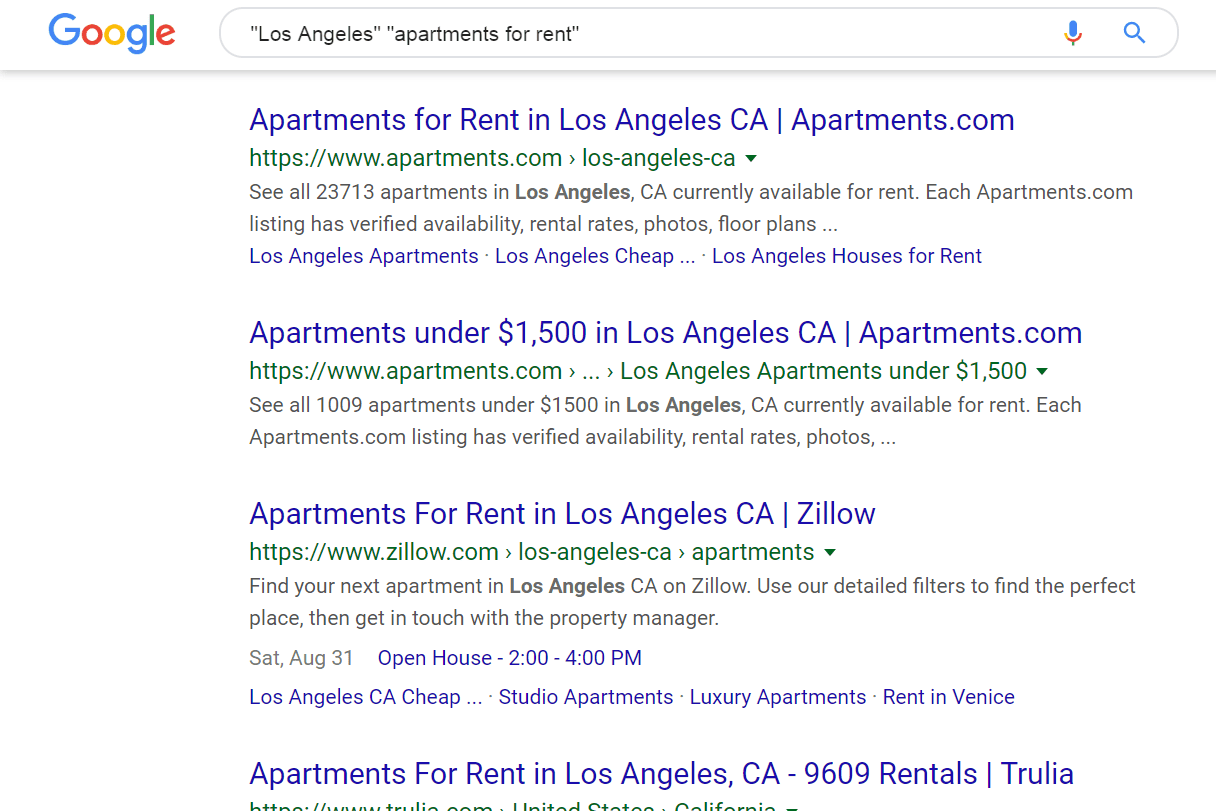 Vyhledávání Google s nabídkami k pronájmu bytů v Los Angeles