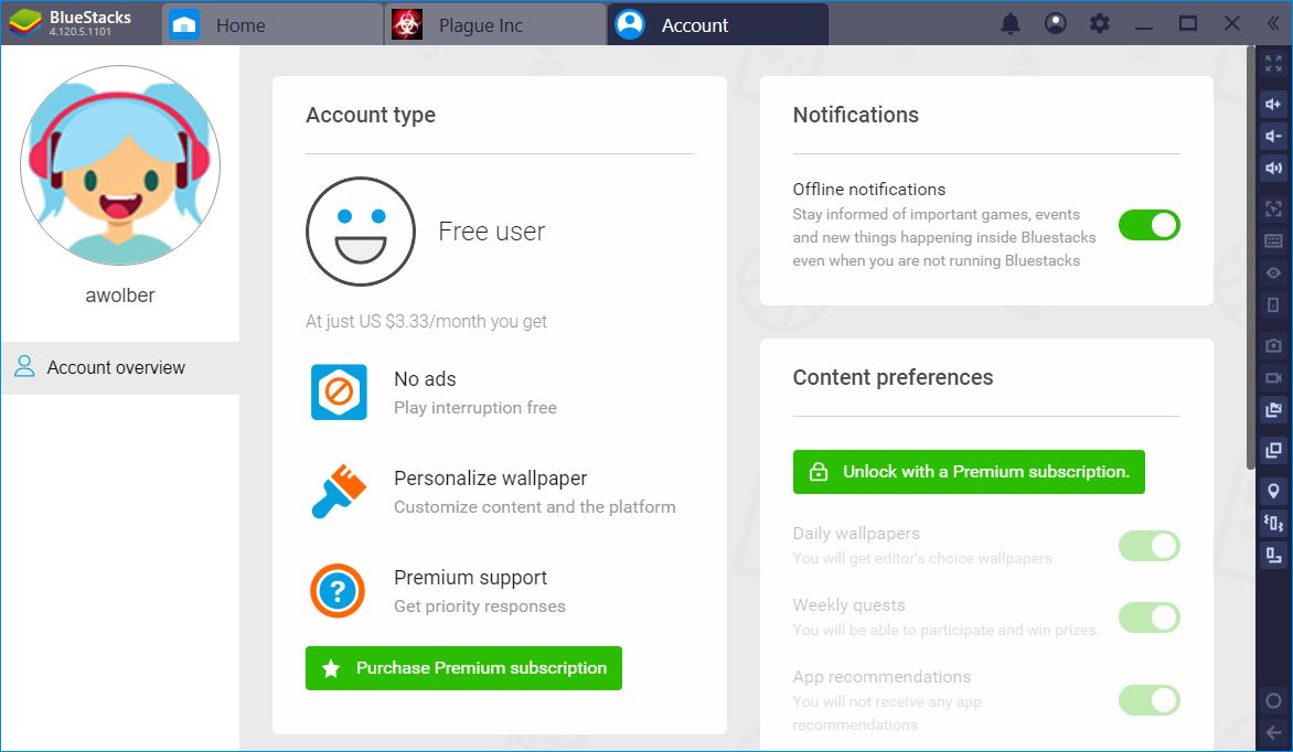 Oblast účtu BlueStacks zobrazuje předplatné Premium (za 3,33 USD / měsíc)