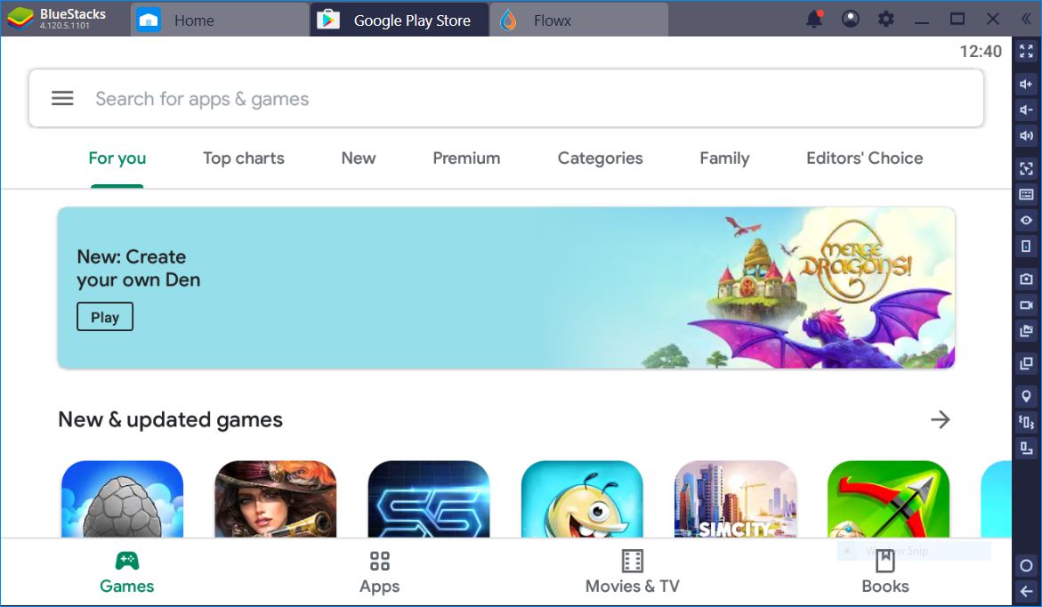 Obchod Google Play v BlueStacks (zobrazuje vyhledávací pole a „Nové a aktualizované“ hry „s dalšími položkami nabídky, například„ Pro vás “,„ Nejlepší žebříčky “,„ Nové “atd.)