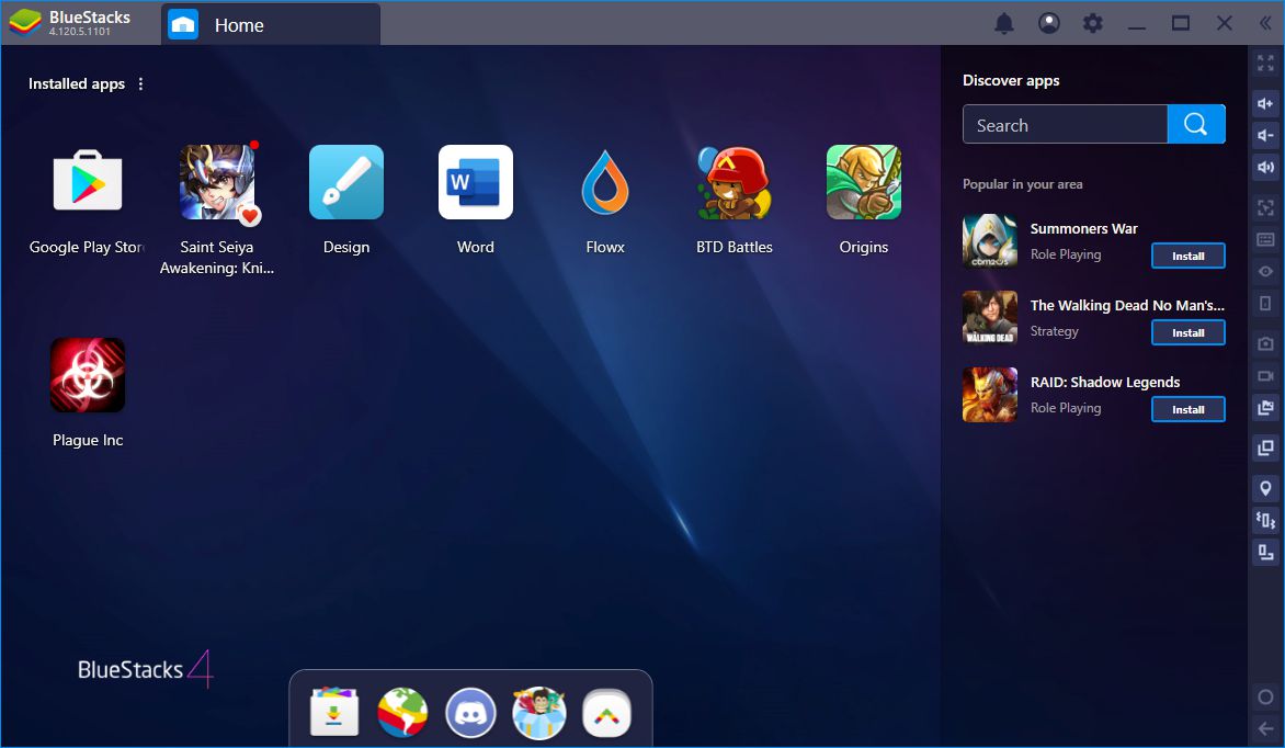 BlueStacks se zobrazenými ikonami aplikací kromě ikony Obchod Google Play