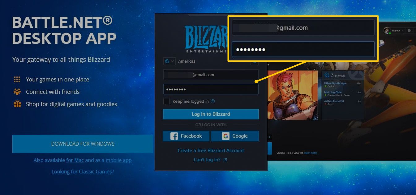 Pole názvu a hesla účtu Blizzard