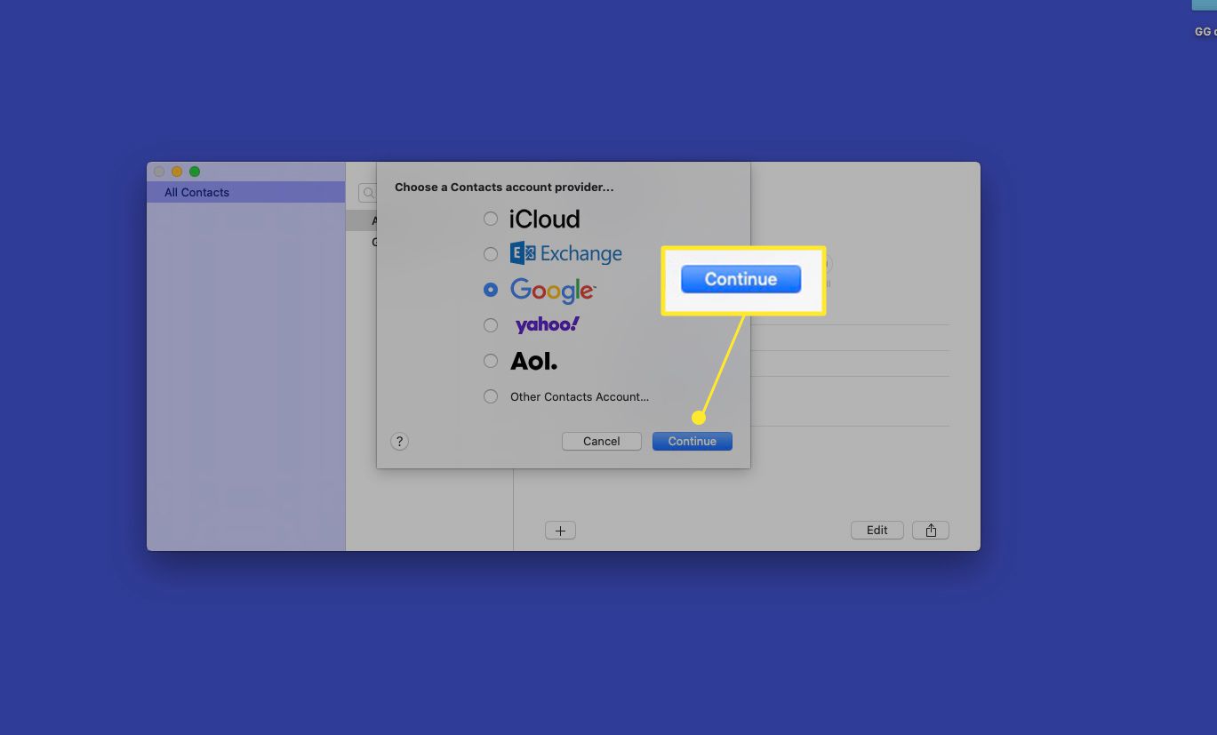 Aplikace Kontakty Mac přidávající Google se zvýrazněným Pokračovat