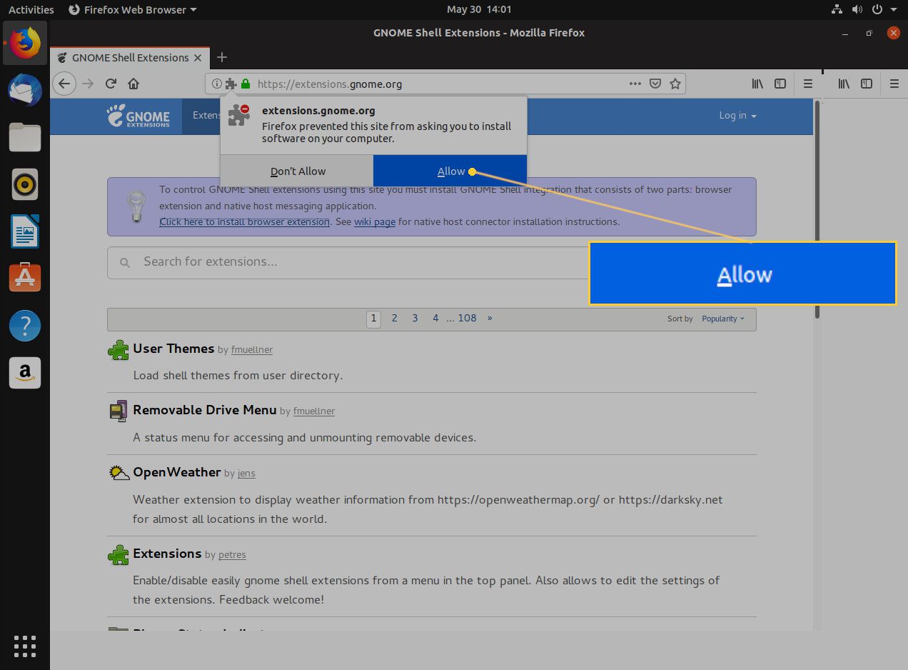 Screenshot tlačítka Povolit na webu rozšíření GNOME ..