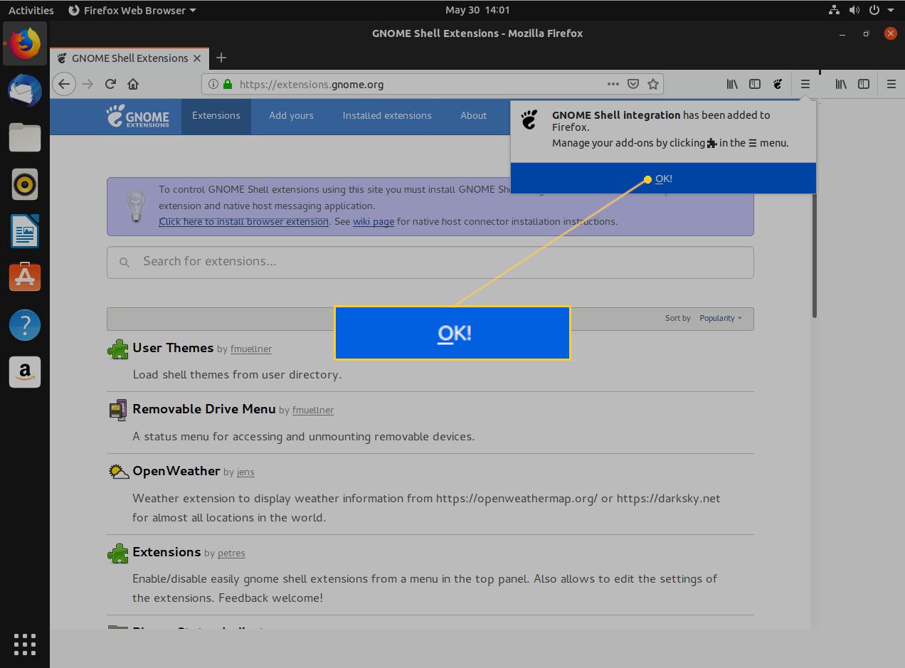 Screenshot tlačítka OK na webu rozšíření GNOME.