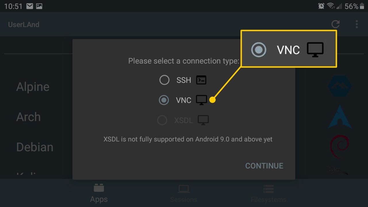 Možnost VNC v UserLAnd