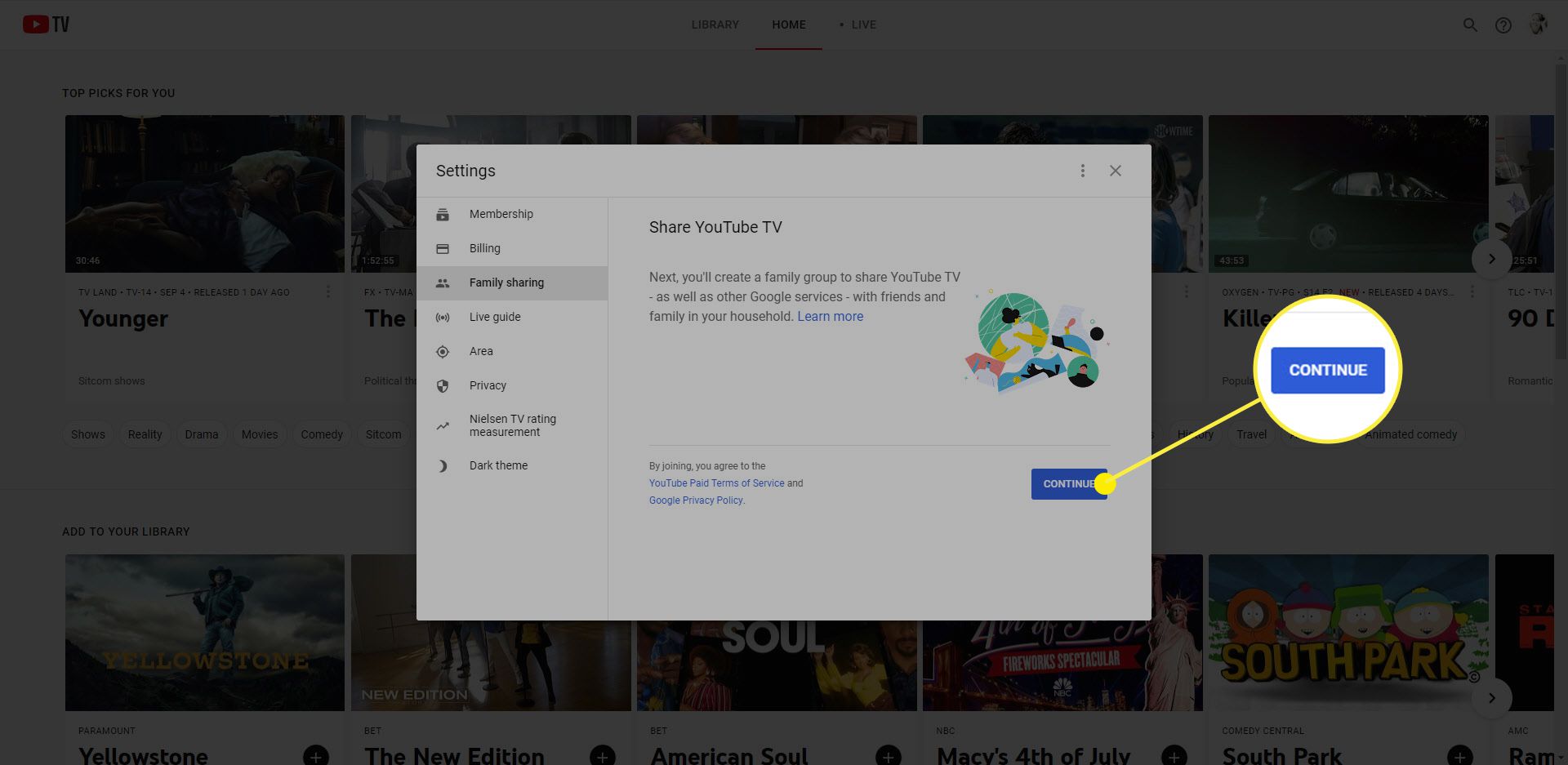 Pokračujte na YouTube TV a nastavte rodinné sdílení.