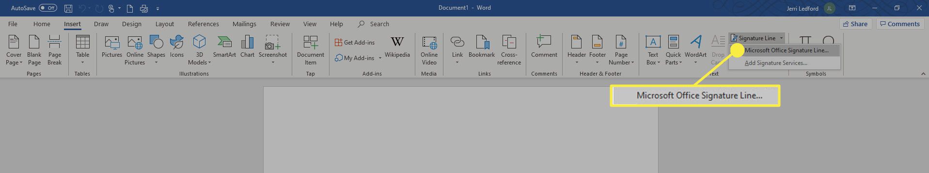 Možnost Podpisová linka Microsoft Office v aplikaci Word.