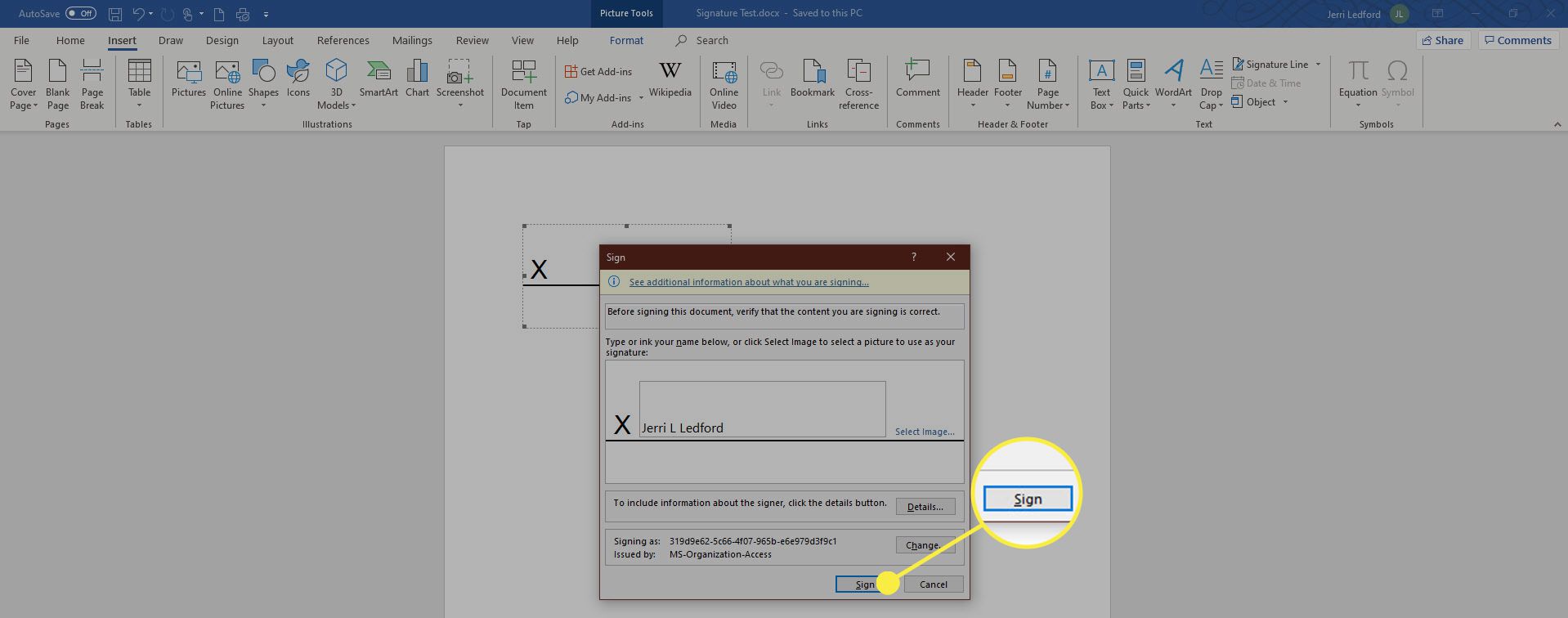 Dialogové okno Podepsat v MS Word.