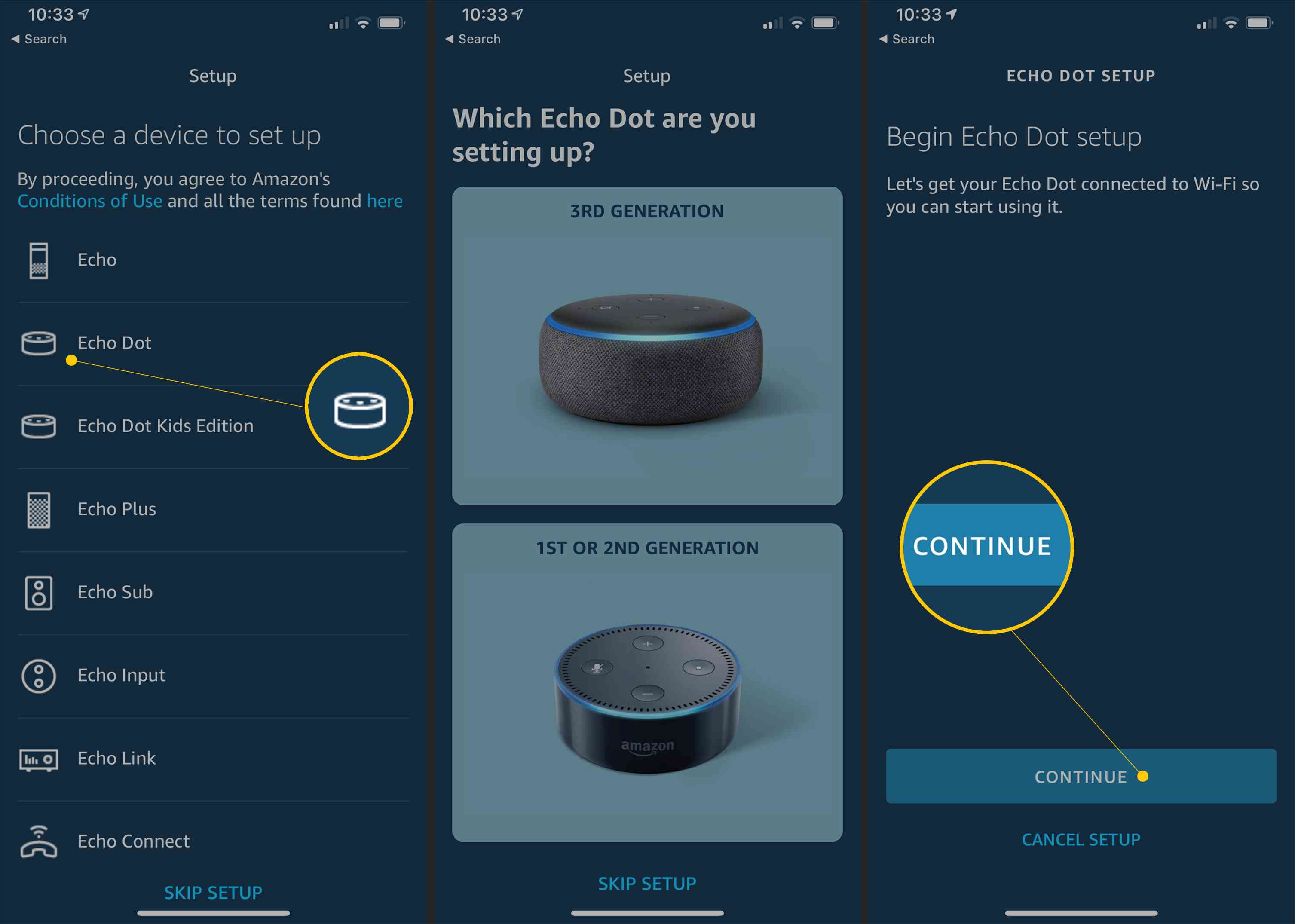 Echo Dot, obrazovka Výběr zařízení a tlačítko Pokračovat v instalační aplikaci Alexa