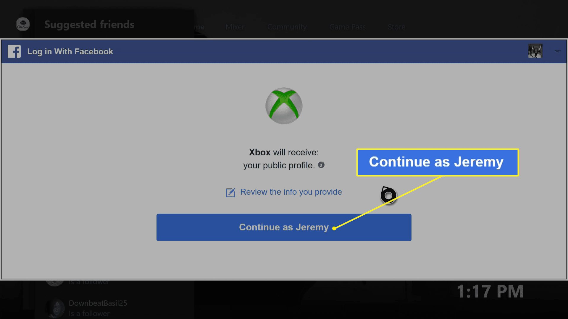 Přihlaste se na obrazovce Facebooku na Xbox One