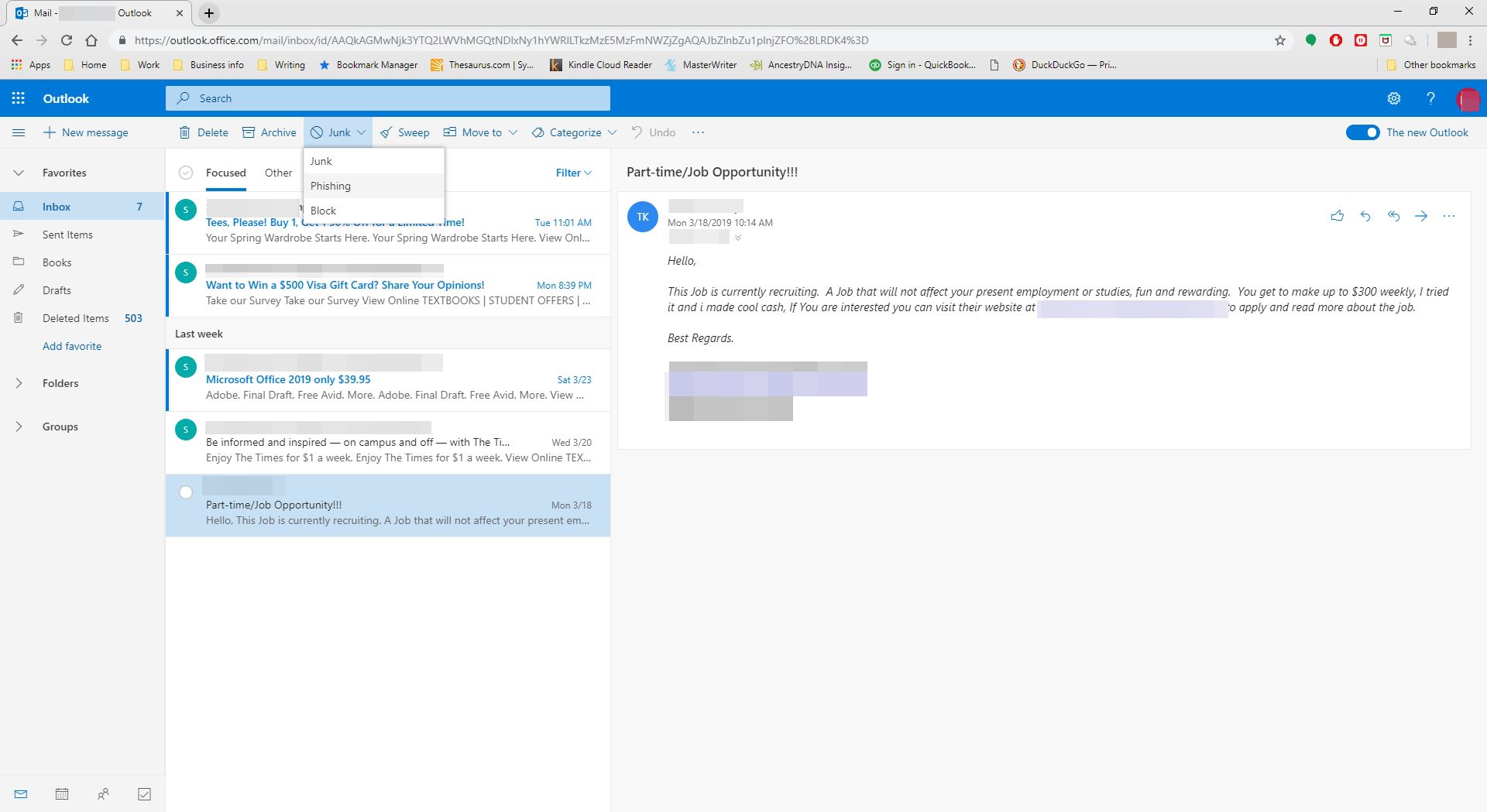 Výběr phishingu z nabídky Nevyžádaná pošta na Outlook.com