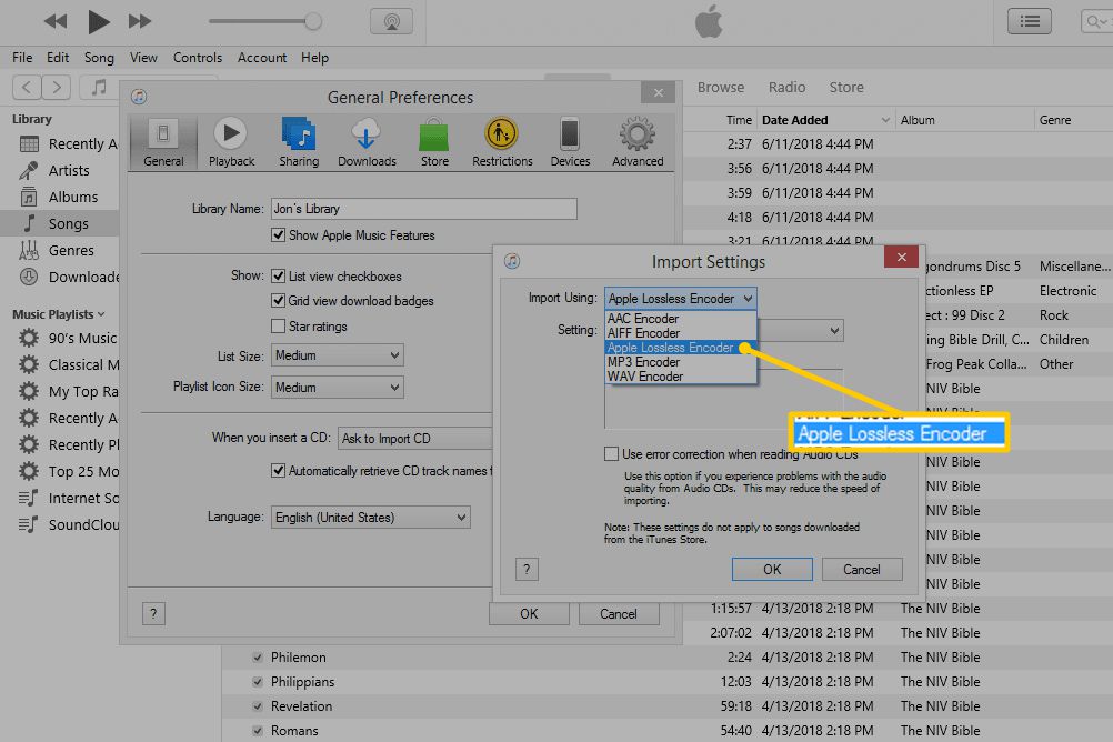 Možnost Apple Lossless Encoder v Nastavení importu pro iTunes