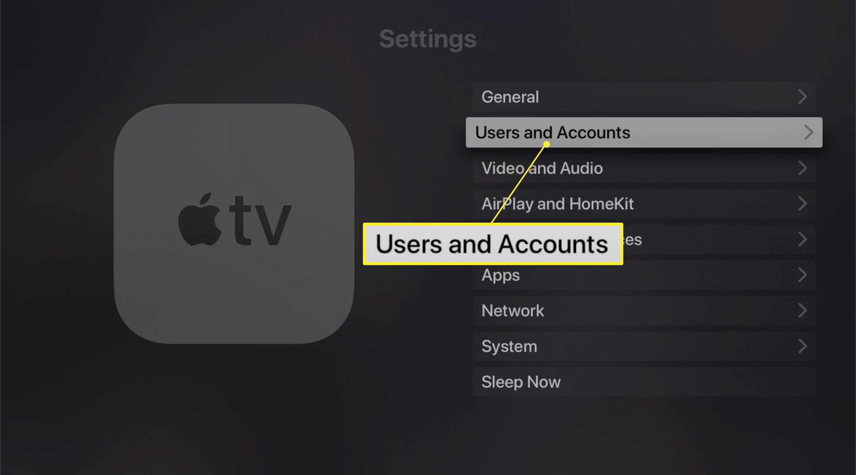 Nastavení Apple TV zobrazující možnost Uživatelé a účty