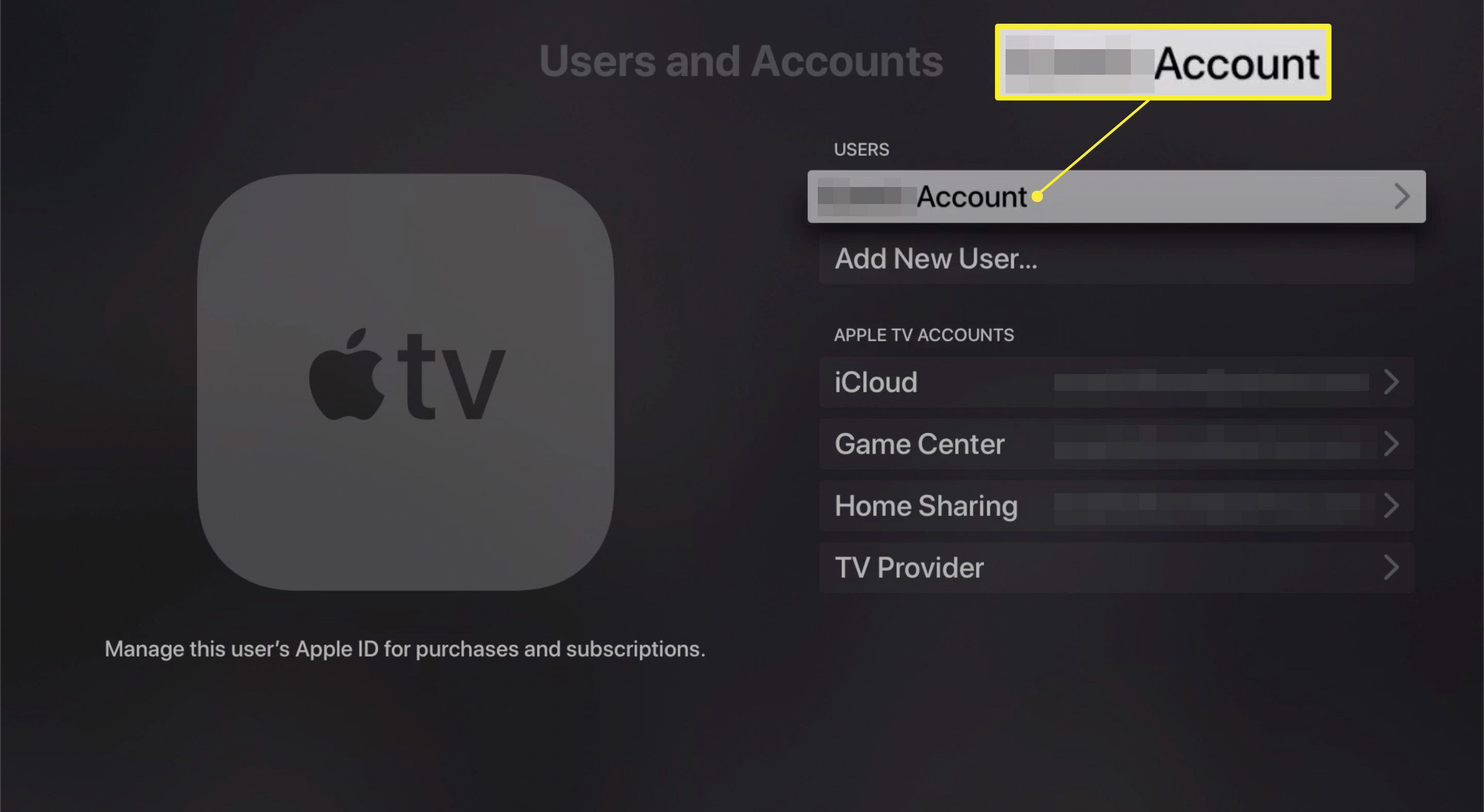 Obrazovka Uživatelé a účty Apple TV