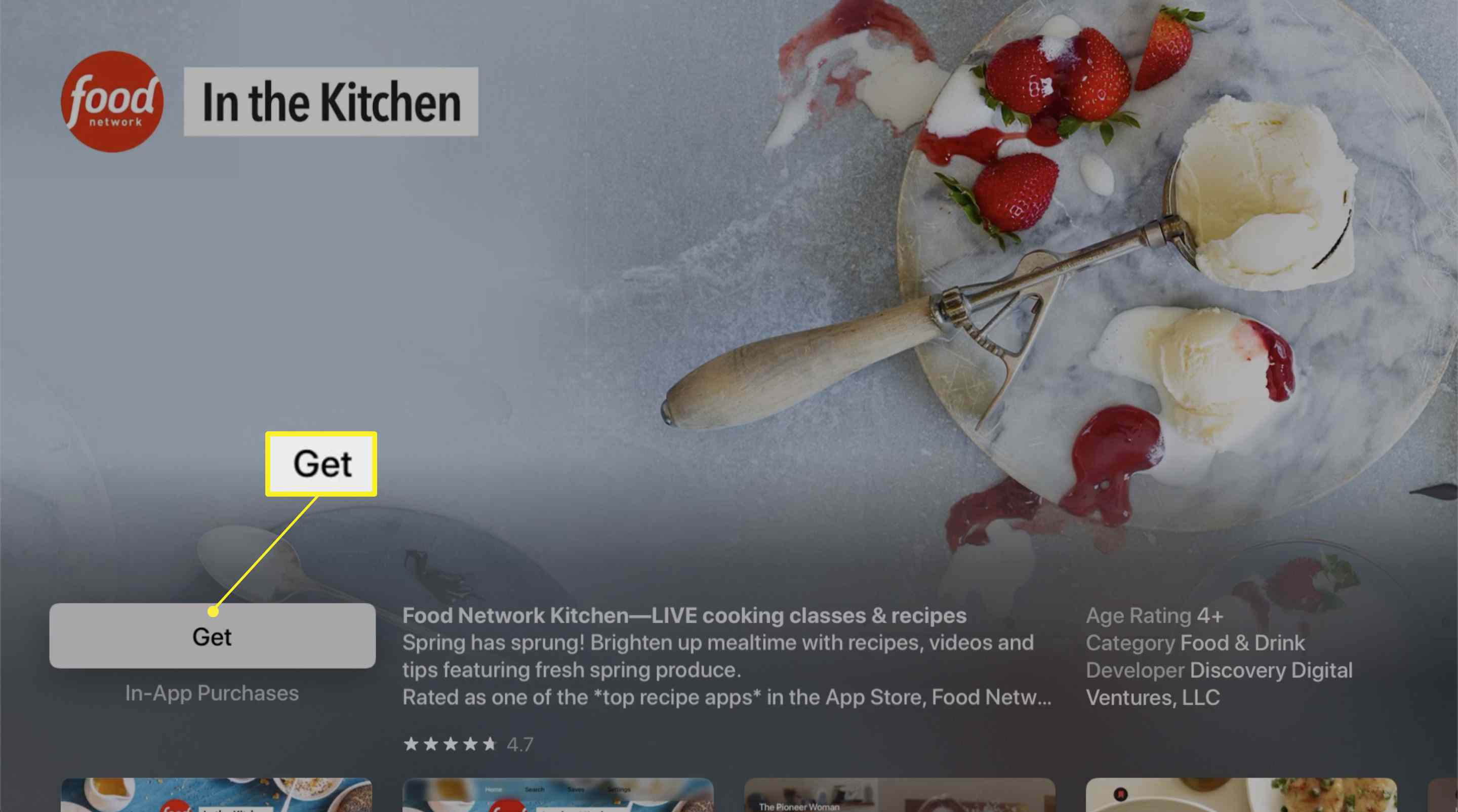 Informační obrazovka aplikace Food Network pro Apple TV