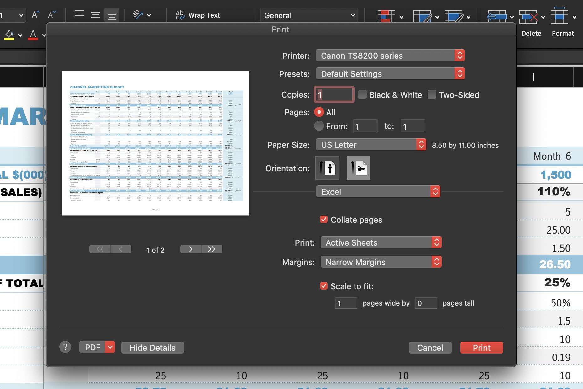 Tisk tabulky aplikace Excel (Mac)