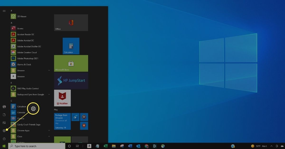 Nastavení v nabídce Start systému Windows 10