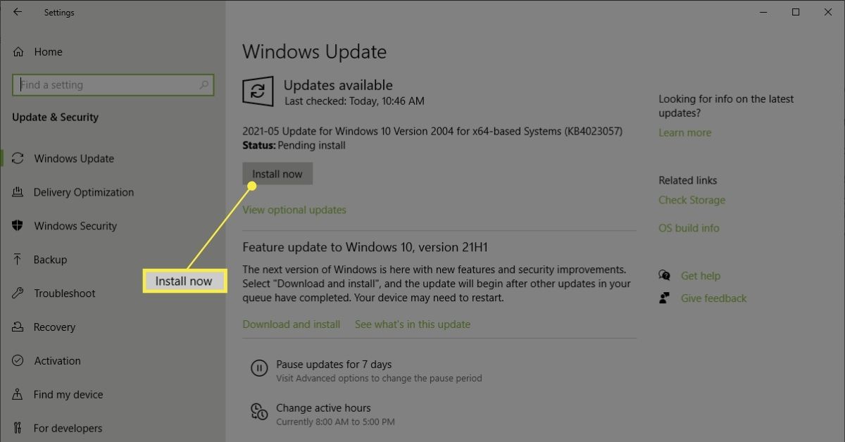 Tlačítko Instalovat nyní na obrazovce Windows Update