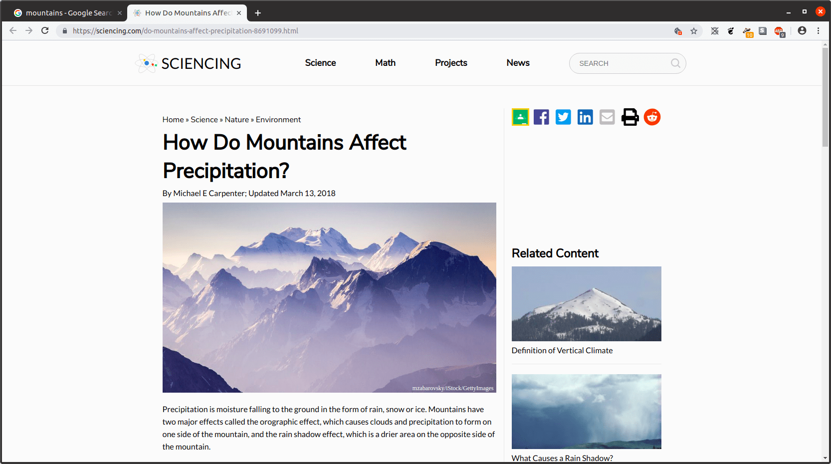 Stránka ze stránky sciencing.com zobrazující obrázek hory v prohlížeči Chrome.