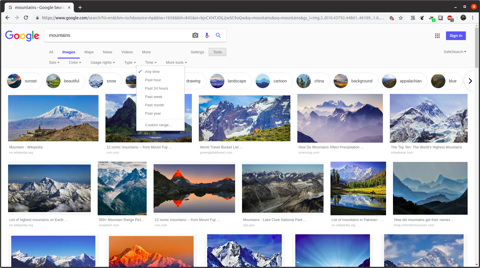 Stránka s výsledky Obrázků Google pro hledaný výraz „hory“ s otevřenou rozbalovací nabídkou Čas