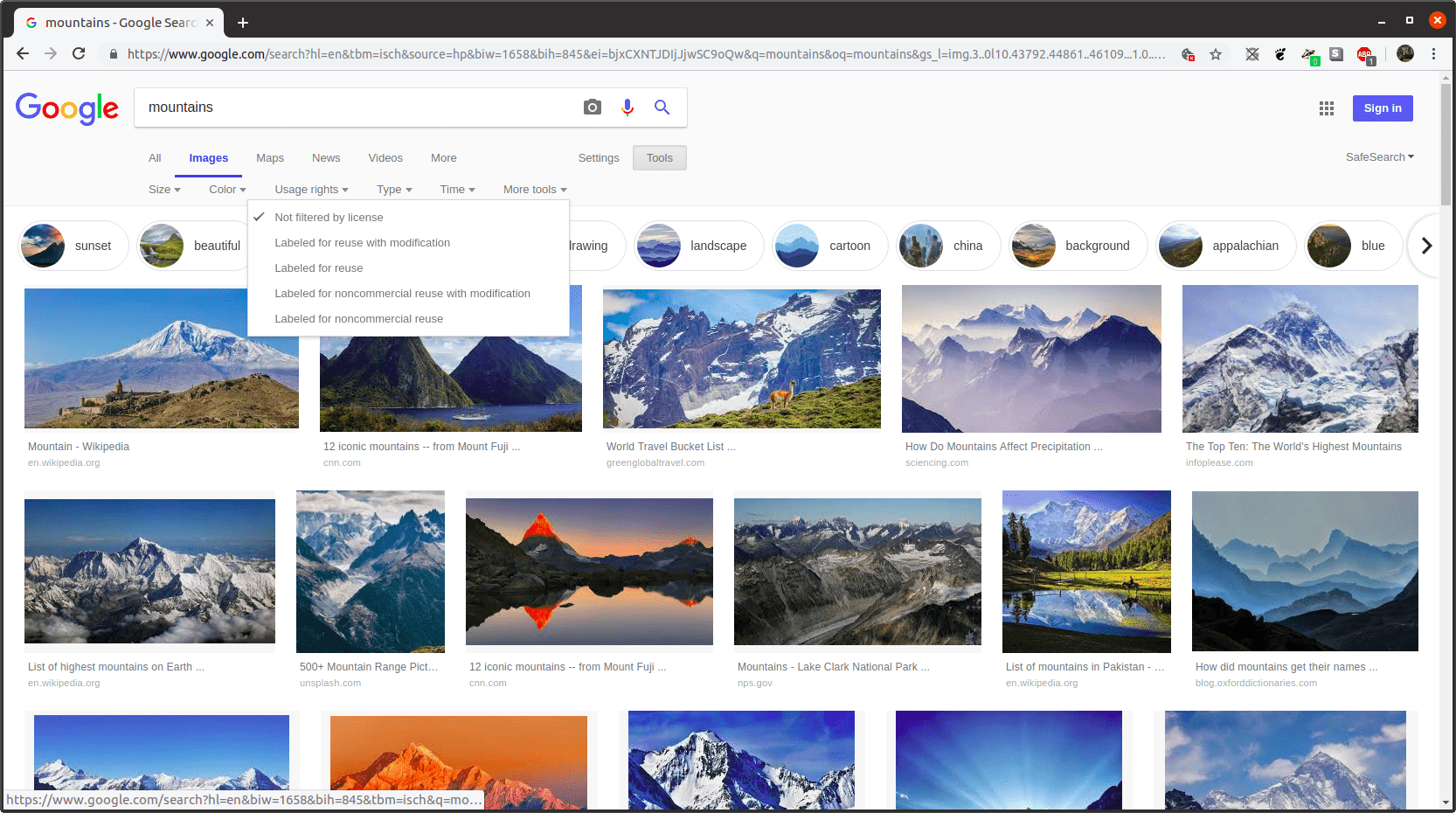 Stránka výsledků Obrázků Google pro hledaný výraz „hora“ s otevřenou rozevírací nabídkou Práva na používání