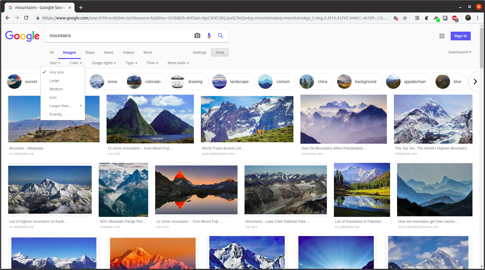 Stránka výsledků Obrázků Google pro hledaný výraz „hory“ s otevřenou nabídkou Velikost.