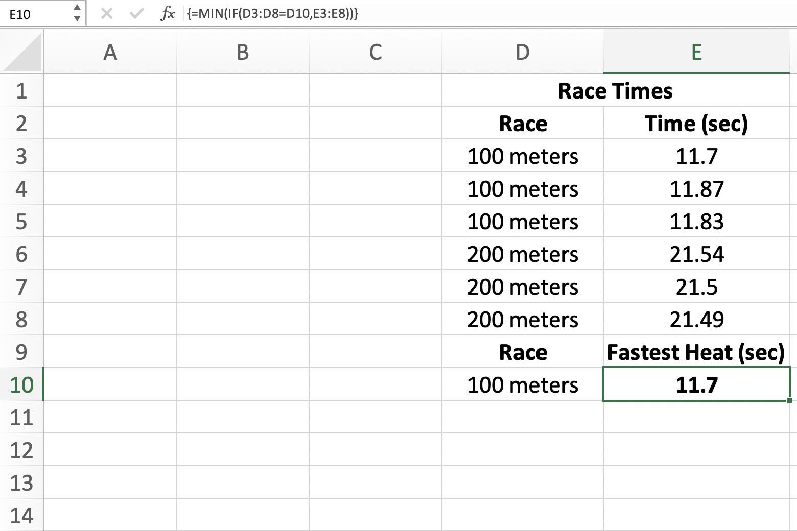 Screenshot aplikace Excel ukazující, jak najít nejmenší číslo