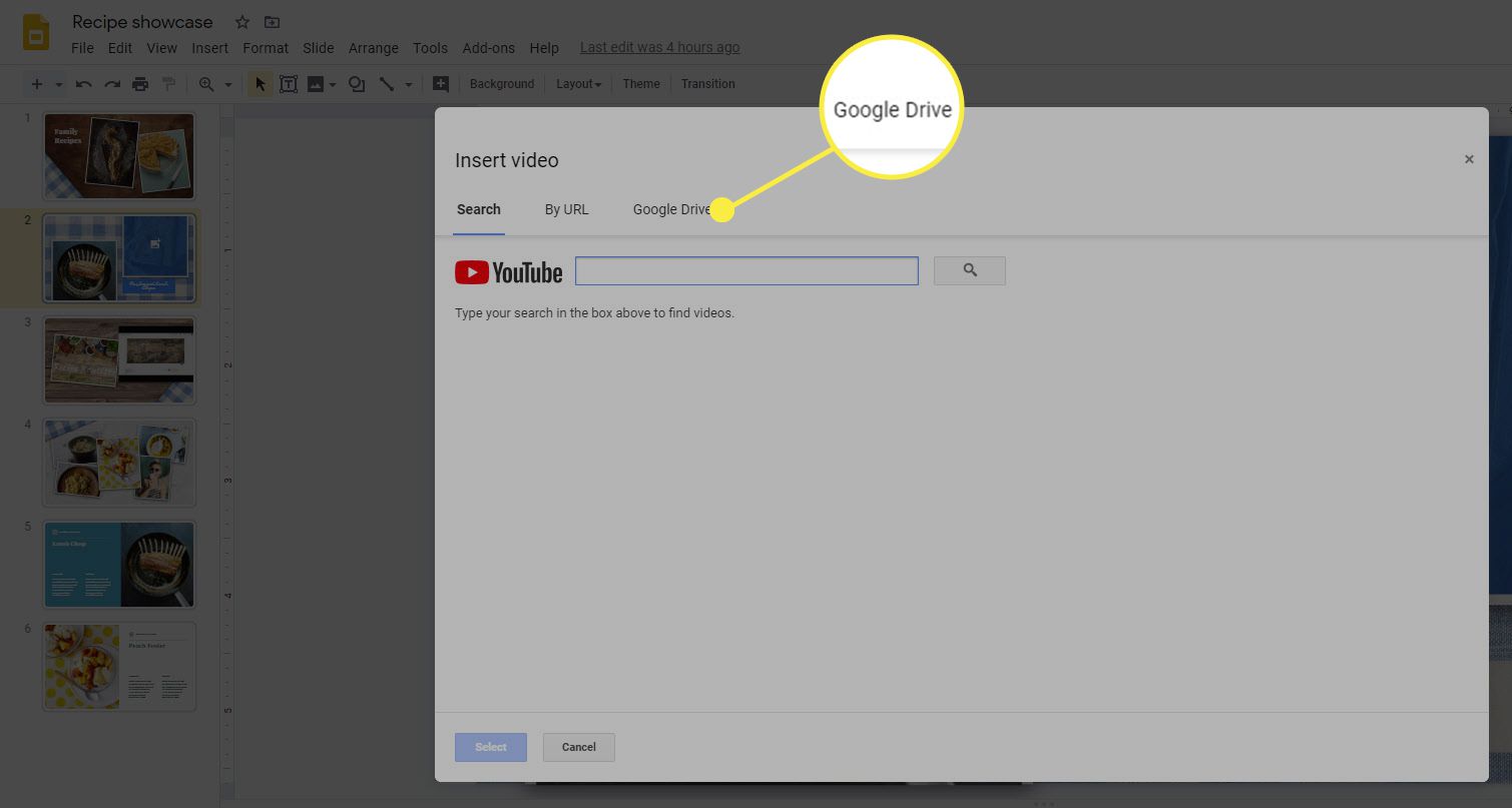 Možnost Google Drive pro vkládání videí do Prezentací Google.