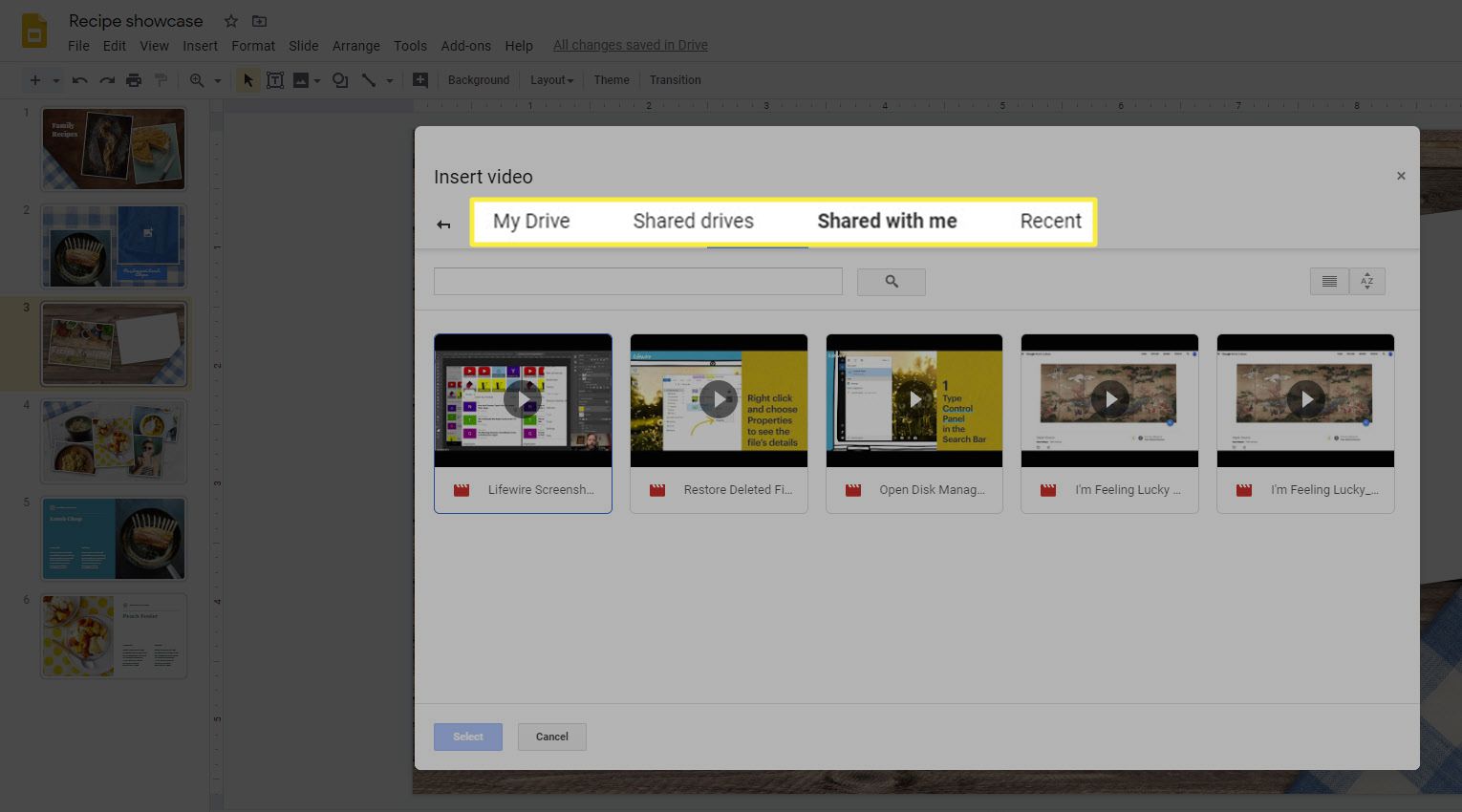 Možnosti Disku Google pro přidávání videí do Prezentací Google.