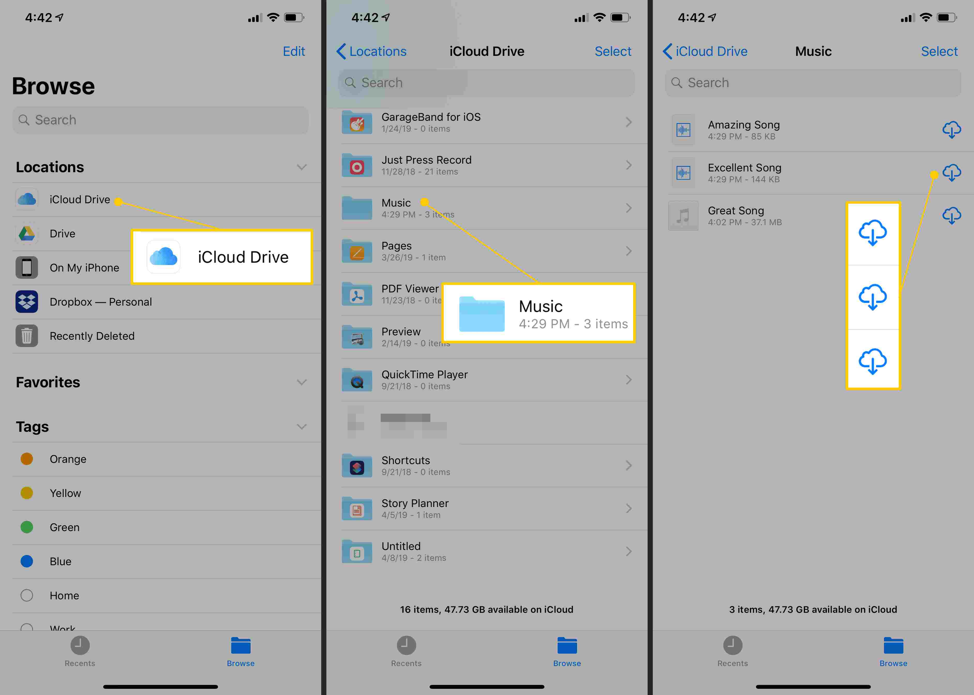 iCloud Drive, hudební složka, stahování ikon na iOS