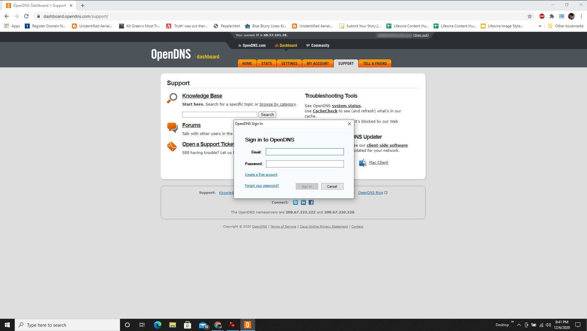 Screenshot z přihlášení k účtu OpenDNS