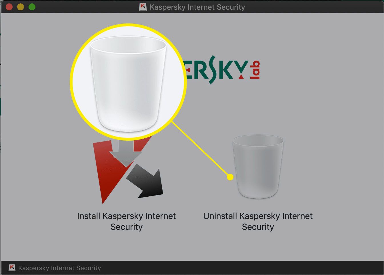 Poklepejte na ikonu koše s nápisem „Odinstalovat Kaspersky Internet Security“
