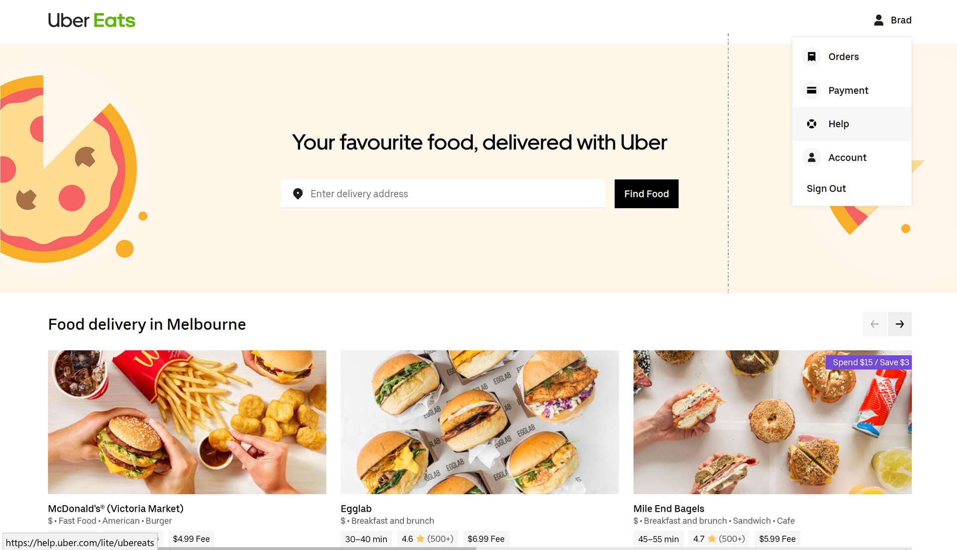 Web společnosti Uber Eats.