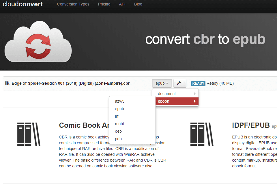 Možnosti převodu CBR na CloudConvert