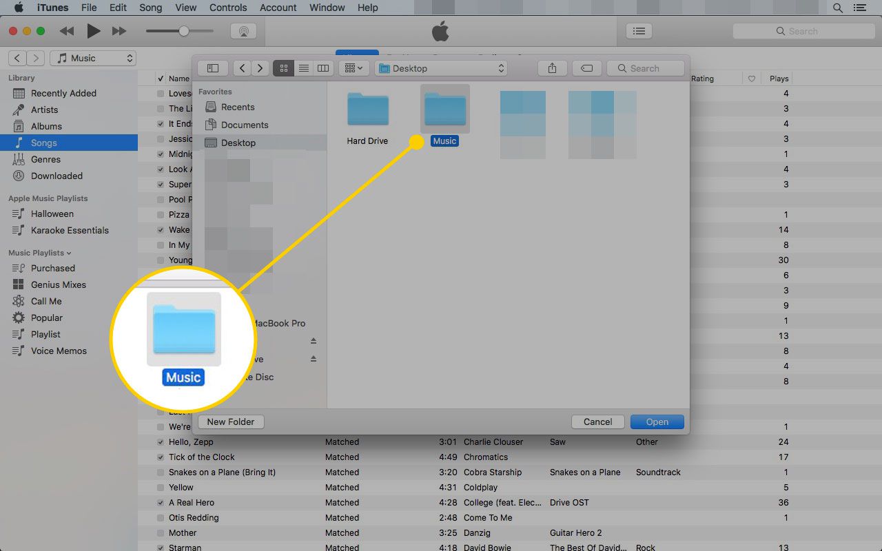 Výběr hudební složky pro import do iTunes na počítači Mac