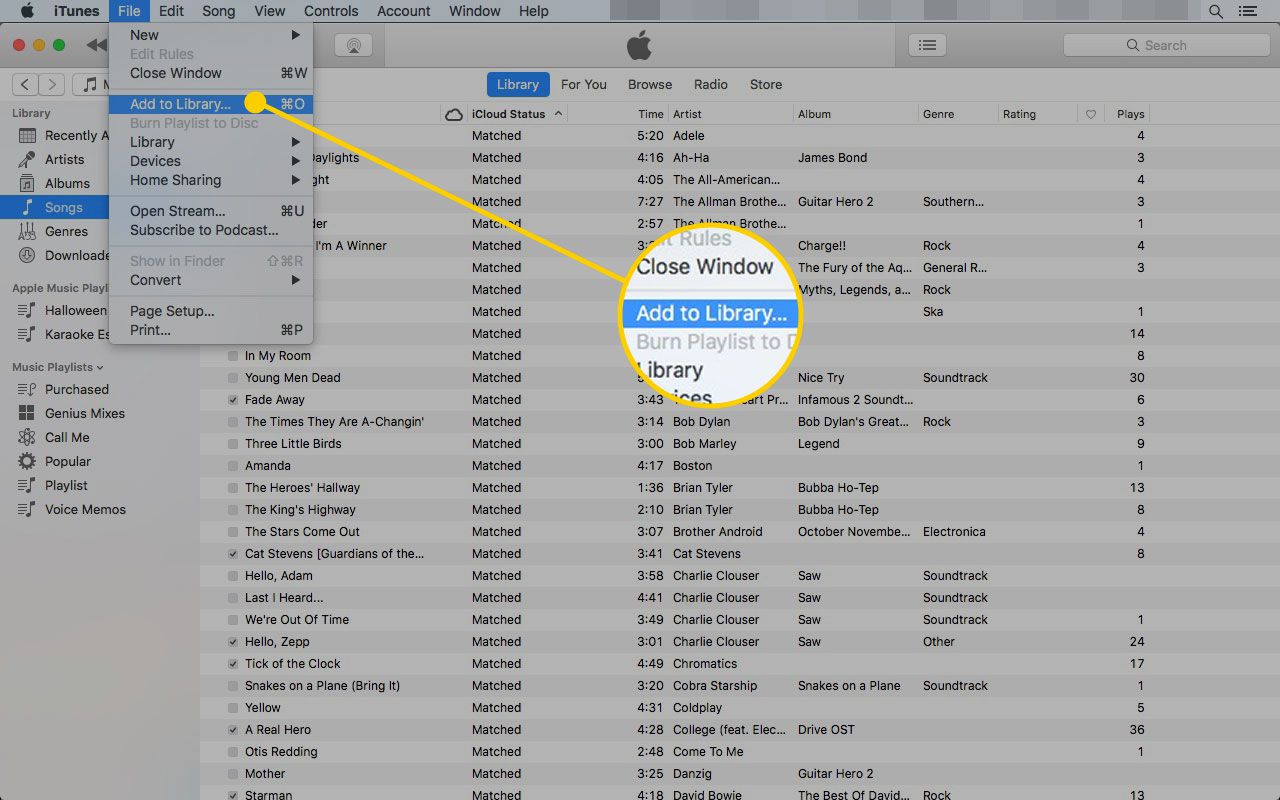 iTunes na počítači Mac s otevřenou možností Přidat do knihovny v nabídce Soubor