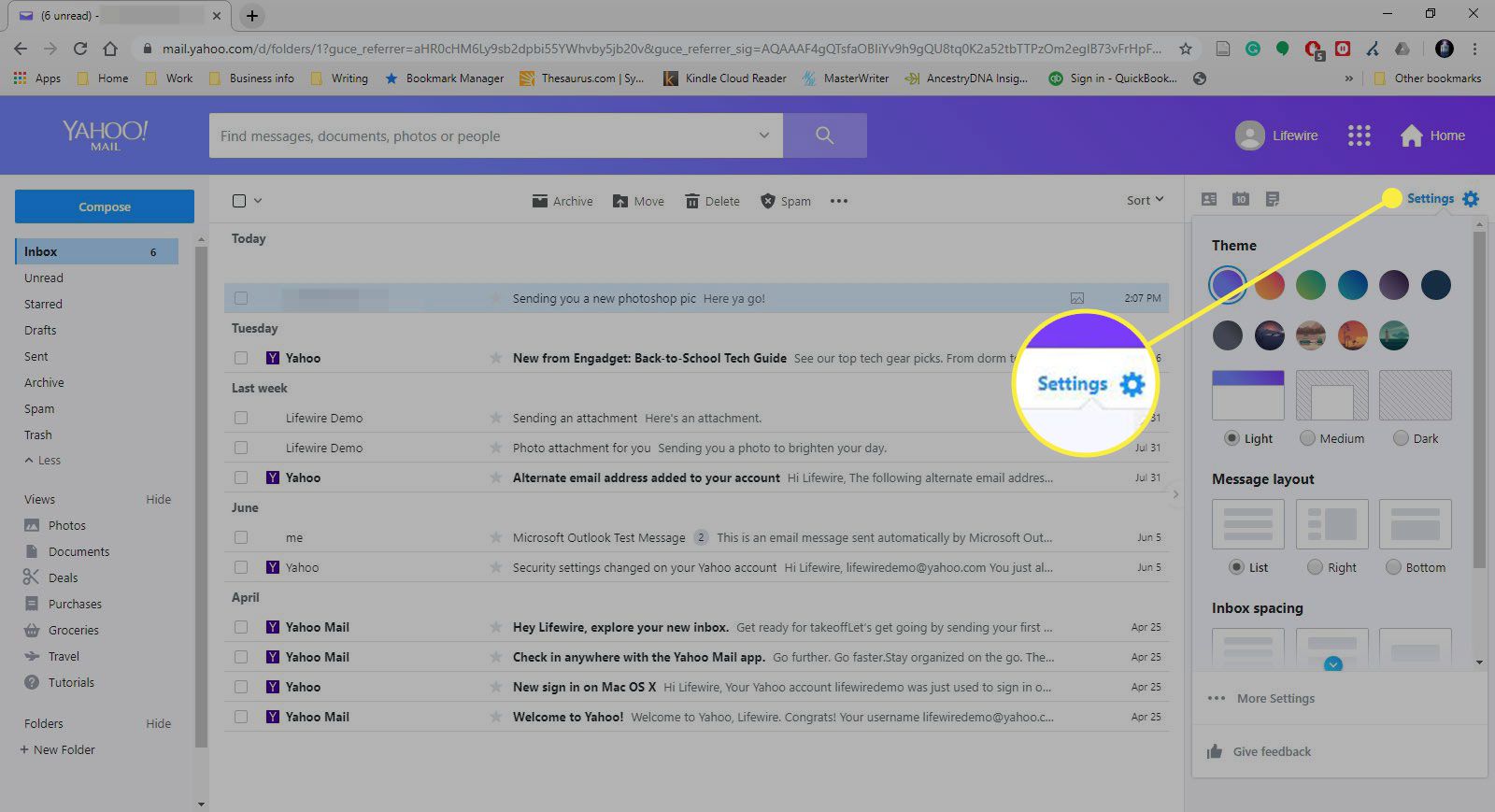 Yahoo Mail se zvýrazněnou možností Nastavení