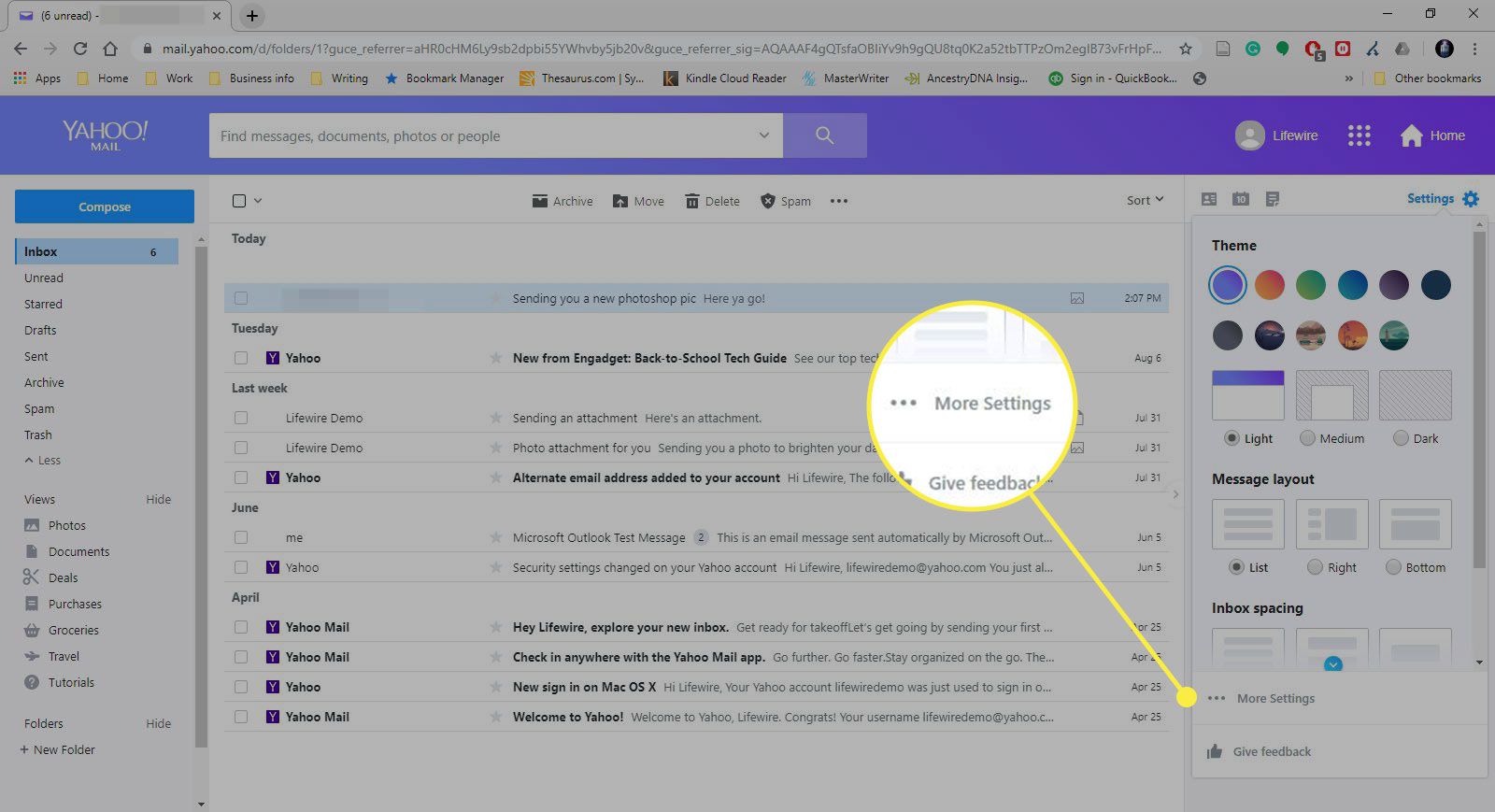 Yahoo Mail s více zvýrazněnými nastaveními